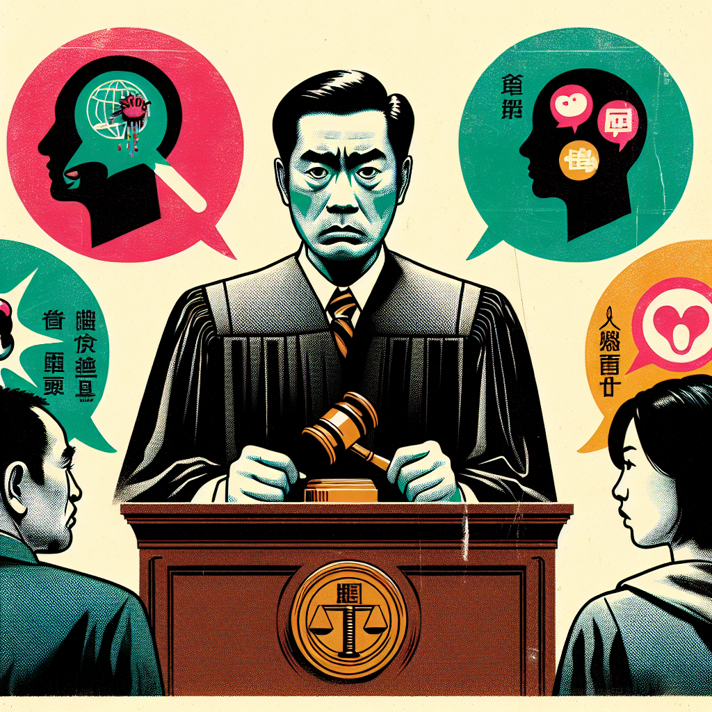 圖片描述:
一幅戲劇化的法庭插圖,展現強制猥褻案件審判場景。中央是一名台灣法官,表情嚴肅,手持法槌。左側是一名情緒激動的原告,右側是低頭的被告。背景有5個醒目的圓形氣泡,每個氣泡內都有一個代表強制猥褻罪要素的簡單圖標。整體風格類似蘋果日報的新聞圖解,色彩鮮艷,線條簡潔有力,人物表情誇張,充滿戲劇性和動感。