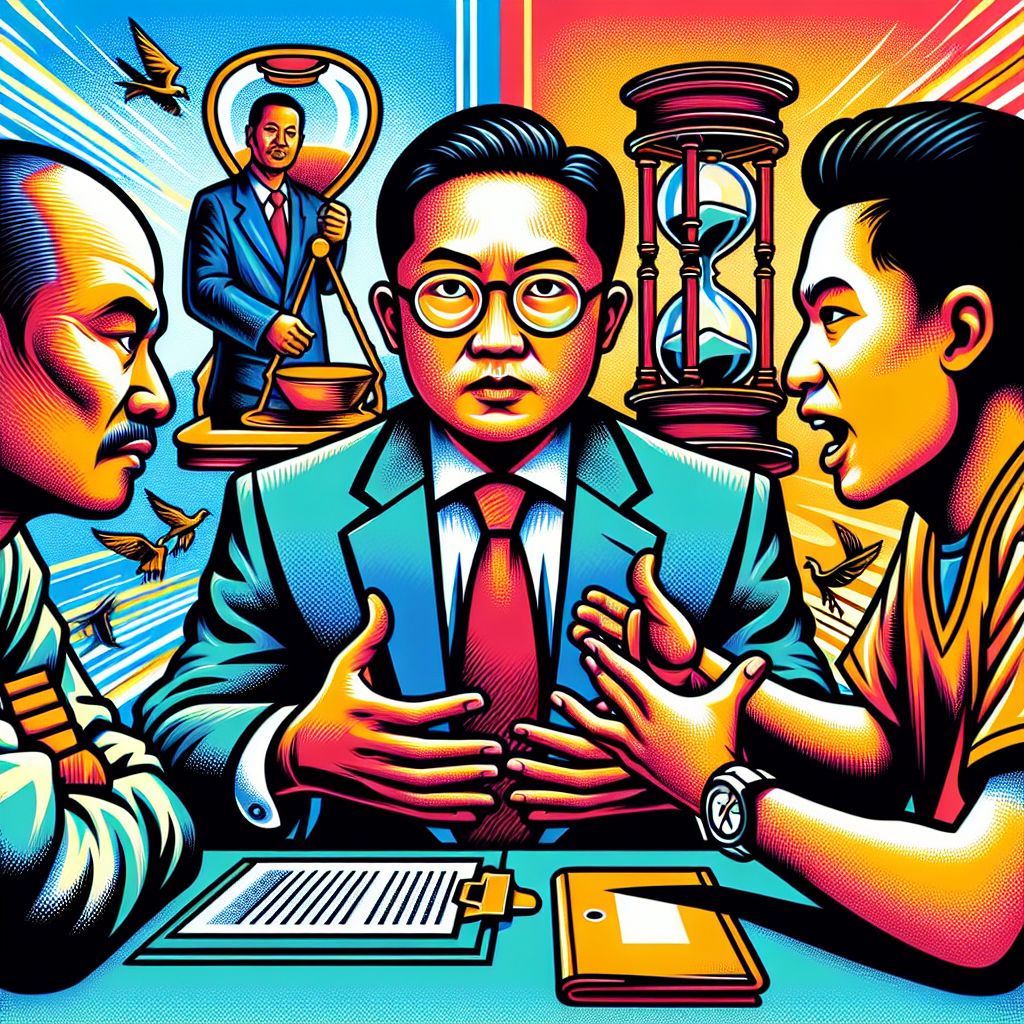 這裡是一個符合要求的圖片描述:
一幅生動的漫畫風格插圖,展示了律師接見的關鍵場景。畫面中央是一位西裝筆挺的台灣律師,表情嚴肅,正在與一位囚服的當事人交談。兩人隔著透明隔板,律師手持文件夾,做出解釋的手勢。背景有誇張的時鐘圖案和沙漏,象徵時間緊迫。整體色彩鮮艷明亮,線條簡潔有力,充滿戲劇性和動感,有如蘋果日報的新聞圖像風格。