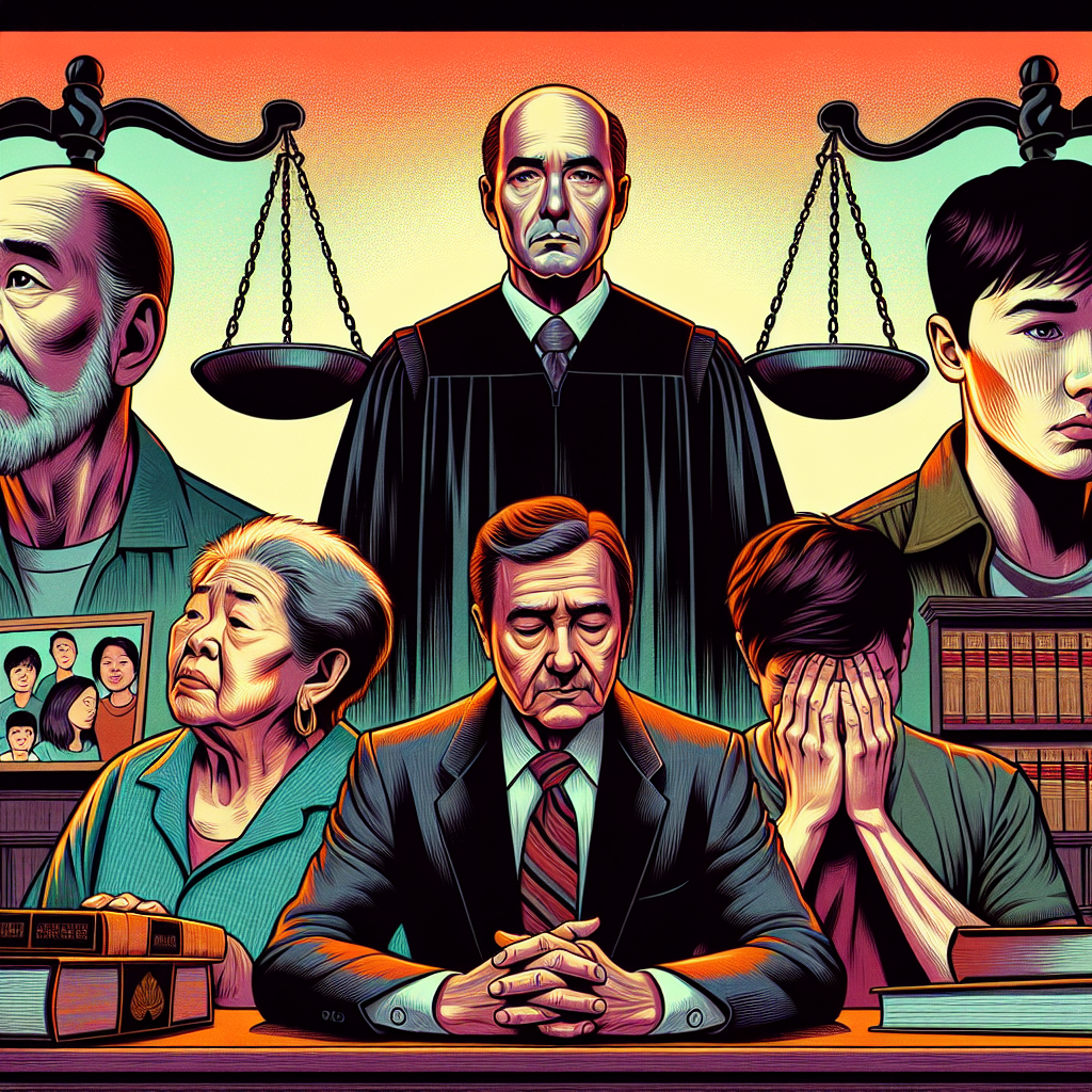 這幅圖片以漫畫風格呈現一個法庭場景。中央是一位威嚴的法官,左側是一對年邁的父母,表情悲傷。右側是一位年輕人,低頭羞愧。背景有一個大型天平,一邊是家庭照片,另一邊是金錢符號。法官桌上有一本醒目的法律書籍。整體色彩鮮明,線條簡潔有力,突出戲劇性和情感衝突,呈現遺棄父母案件的審判過程。