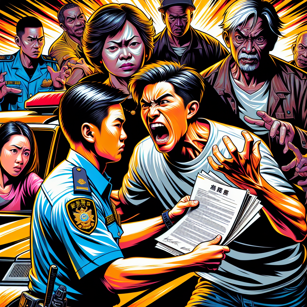 一幅充滿動感的插圖,展現保護令執行過程中的戲劇性場景。中央是一名身穿制服的台灣警察,正在向一名情緒激動的男子出示保護令文件。男子表情誇張,似乎正在抗議。背景可見一名婦女和孩子躲在警車後方,神情緊張。整個場景色彩鮮艷,線條簡潔有力,充滿漫畫風格。畫面傳達出執法過程中的緊張氛圍和挑戰,吸引觀者目光並引發情感共鳴。