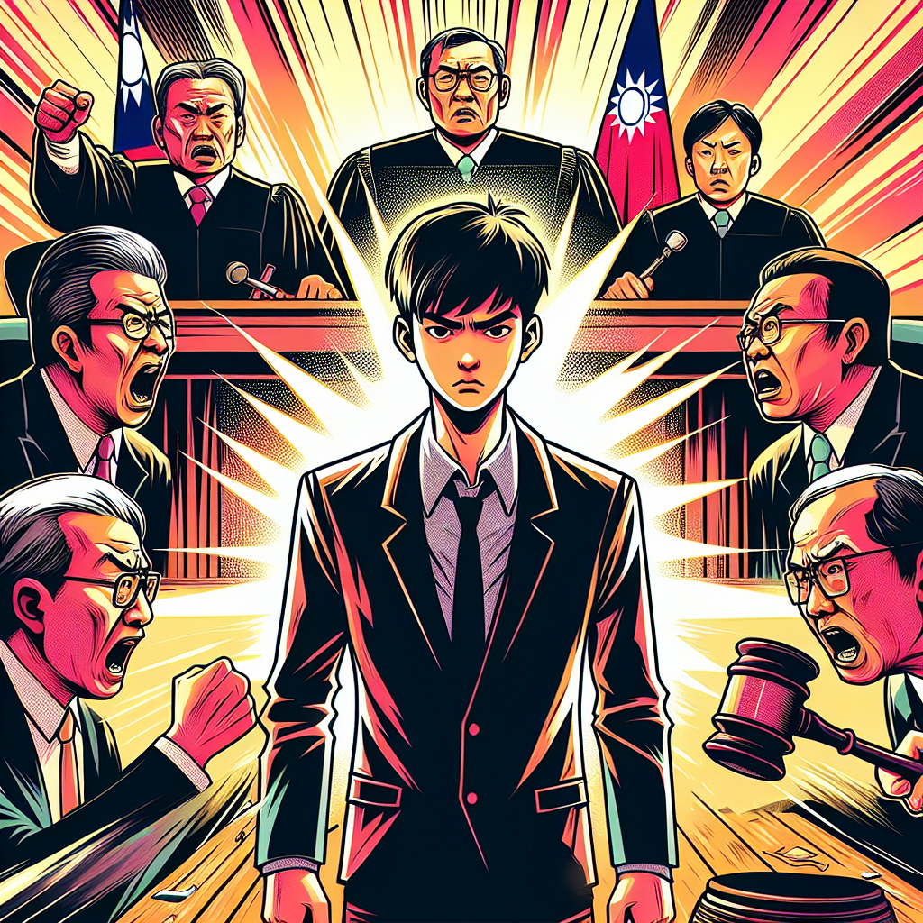 圖片描述:
一幅充滿活力的漫畫風格插圖,展現台灣偵查庭的场景。中央是一位神情緊張的年輕台灣男子,身穿西裝,站在被告席上。他周圍有誇張表情的法官、檢察官和辯護律師。背景有放大的法槌和證物。整體畫面色彩鮮艷,線條簡潔有力,充滿戲劇性和動感,生動呈現出首次出席偵查庭的緊張氛圍和關鍵注意事項。