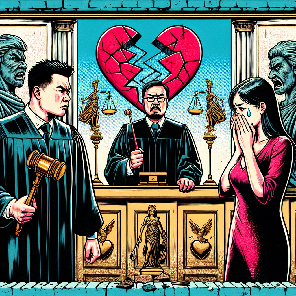 圖片描述:
一幅充滿活力的漫畫風格插圖,展示了一個法庭場景。中央是一位身穿黑袍的台灣法官,手持木槌。左側站著一位表情憤怒的男性,右側是一位流淚的女性。兩人之間有一個破裂的心形符號。背景牆上掛著天平和正義女神像。整個場景色彩鮮艷,線條簡潔有力,充滿戲劇性和動感,直觀地呈現了婚姻糾紛中的法律保護概念。