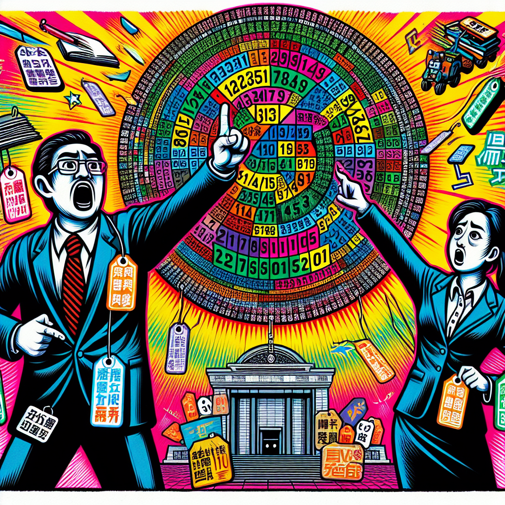 一幅生動的插圖展示了台灣法院案件編號系統。中央是一個巨大的數字和字母組合,代表案件編號。左側是一位穿西裝的檢察官,手持"他字案"標籤;右側是一位警察,手持"偵字案"標籤。兩人表情誇張,動作誇張地指向中央的案件編號。背景是簡化的法院建築剪影,色彩鮮艷。整體畫面充滿活力和戲劇性,突出了不同類型案件的分類系統。