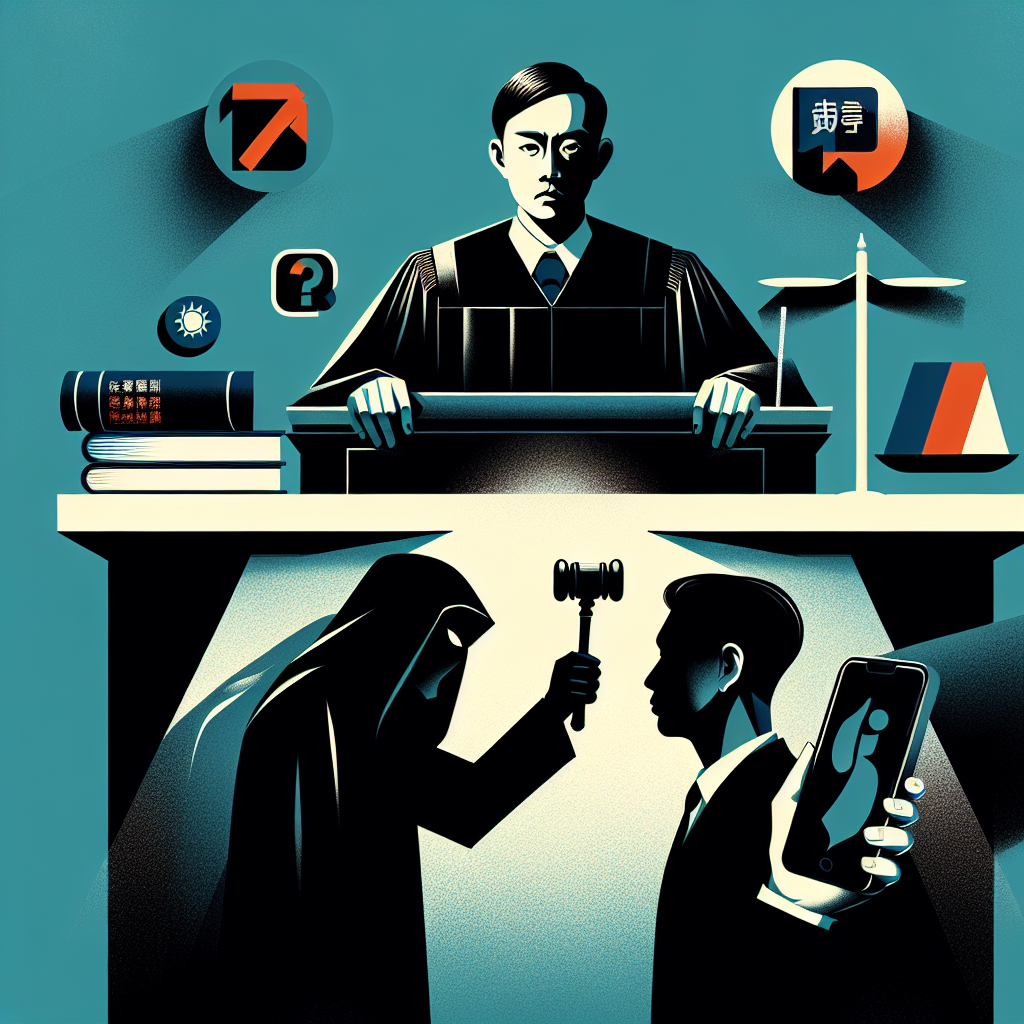 Here's a description for an image to accompany the article section on intimidation crime case analysis:

A stylized courtroom scene in bold, contrasting colors. A Taiwanese judge sits at an elevated bench, gavel in hand. Below, two lawyers face off dramatically. Between them, a shadowy figure looms, representing the accused. Symbolic icons float around - a megaphone, a threatening letter, and a cell phone - illustrating methods of intimidation. Clean lines and dramatic lighting create a dynamic, visually engaging composition that conveys the legal theme with artistic flair.