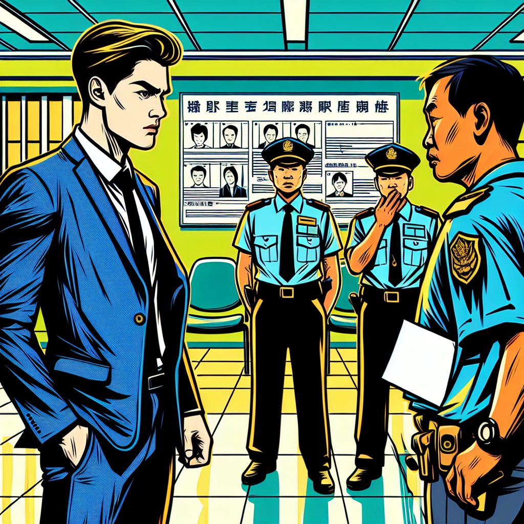 圖片描述:
一幅生動的漫畫風格插圖,展示了陪同偵查的場景。中央是一位身穿西裝的台灣律師,表情堅定,正保護性地站在一位穿便服的當事人身旁。他們面對著兩名警察,一名正在記錄,另一名做出詢問手勢。背景是警局內部,牆上掛著程序圖表。整體畫面色彩鮮明,線條簡潔有力,充滿動感,突出了陪同偵查的關鍵步驟和參與者的互動。