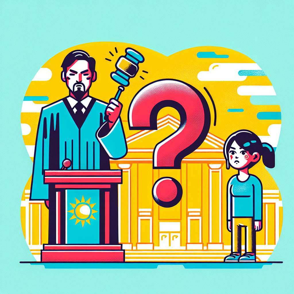 以下是符合您要求的圖片描述:
一幅充滿活力的卡通風格插圖,展現了一個台灣法官和一名被告的互動場景。法官站在高台上,手持木槌,表情嚴肅。被告站在下方,表情焦慮。兩人之間有一個巨大的問號浮在空中,象徵常見問題。背景是簡化的法庭設計,充滿明亮的黃色和藍色。整體畫面動感十足,線條簡潔有力,將保護管束相關的常見問題視覺化,吸引眼球並富有故事性。