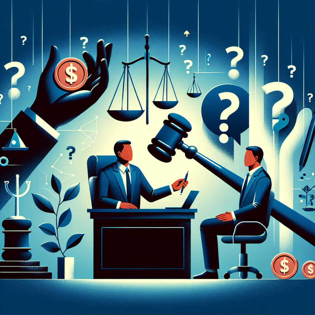 Here's a description for an image that fits your requirements:
A stylized modern art illustration depicting a Taiwanese legal professional answering questions. Bold contrasting colors and clean lines show a judge's gavel, scales of justice, and money symbols. Dynamic lighting illuminates a consultation desk with floating question marks. Symbolic icons represent fraud and money laundering concepts. The overall composition is visually engaging and professional, balancing dramatic elements with artistic design.