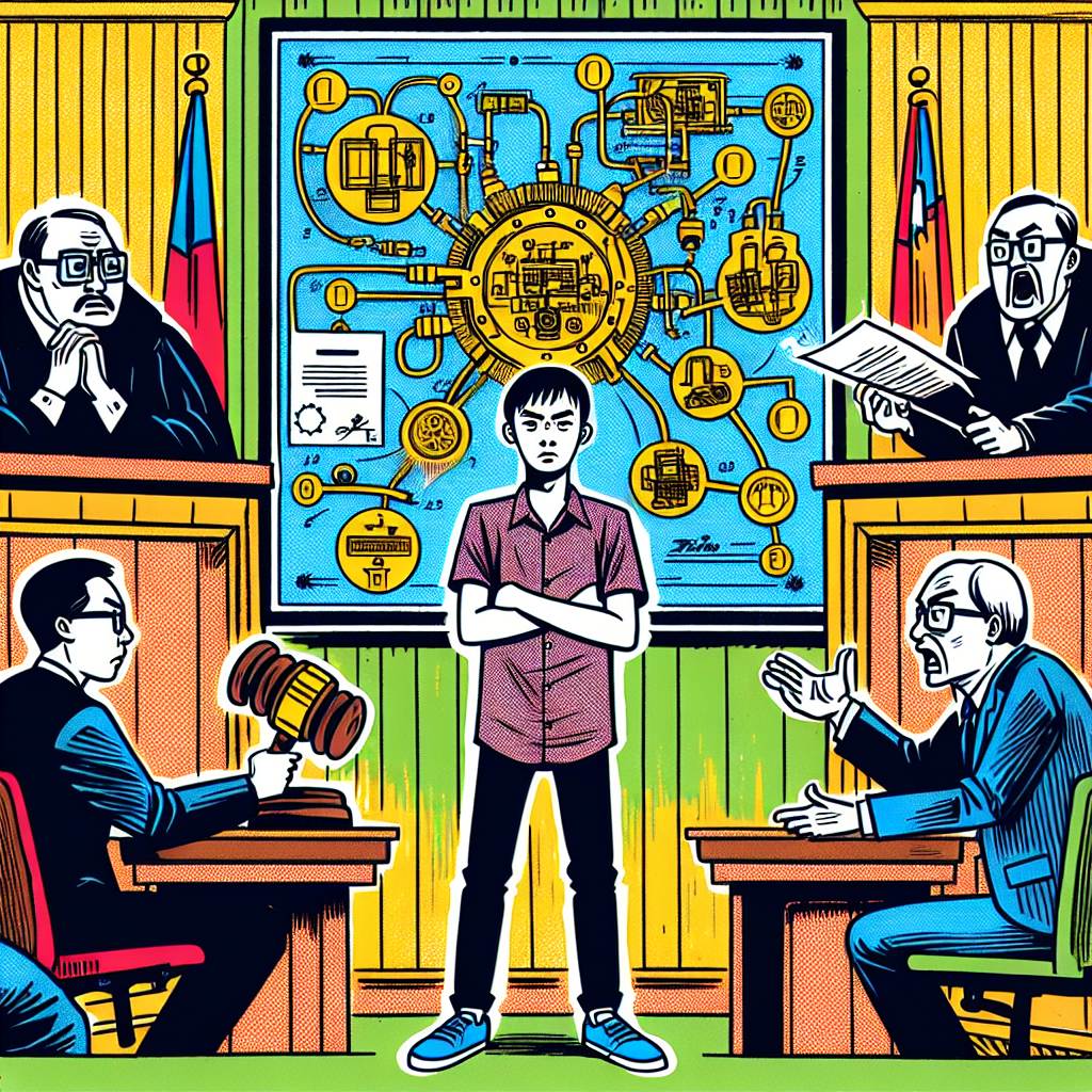 一個台灣男子站在法庭中央,做出防禦姿勢,雙手交叉在胸前。他身後是一面巨大的專利證書,上面有複雜的技術圖紙。法官席上坐著一位表情誇張的法官,手持木槌。法庭兩側是對立的律師,一邊激烈指責,另一邊做出保護姿態。整個場景色彩鮮豔,線條簡潔有力,充滿戲劇性和動感,突出了專利侵權抗辯的核心衝突。