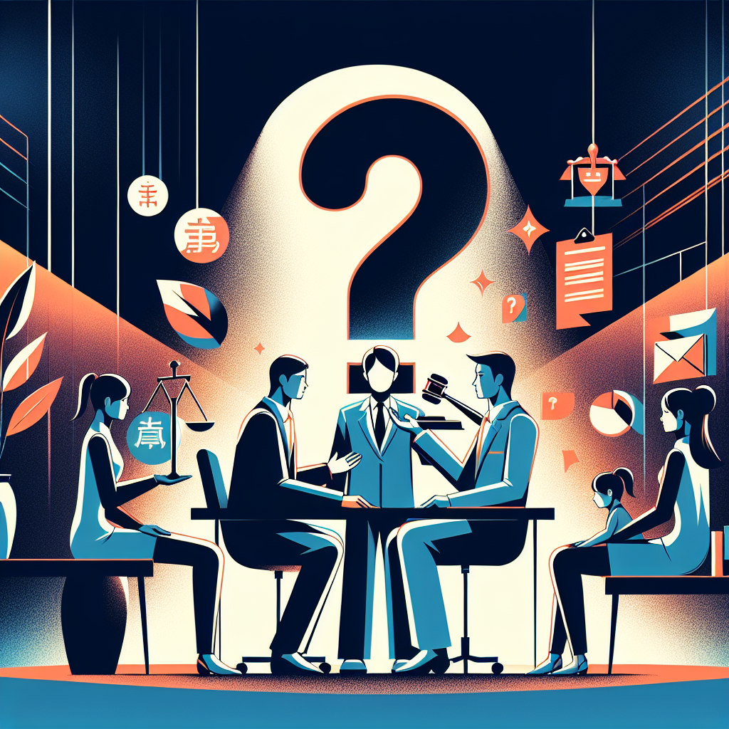 Here's a description for an image based on your requirements:
A stylized modern illustration shows a Taiwanese family consulting a lawyer. Bold contrasting colors and clean lines depict a professional office setting. Symbolic icons float above, representing questions, legal documents, and family ties. A large question mark dominates the background, while a gavel and scales of justice appear subtly. The scene is dramatically lit, creating a dynamic and visually engaging composition that conveys the theme of legal consultation on family matters.