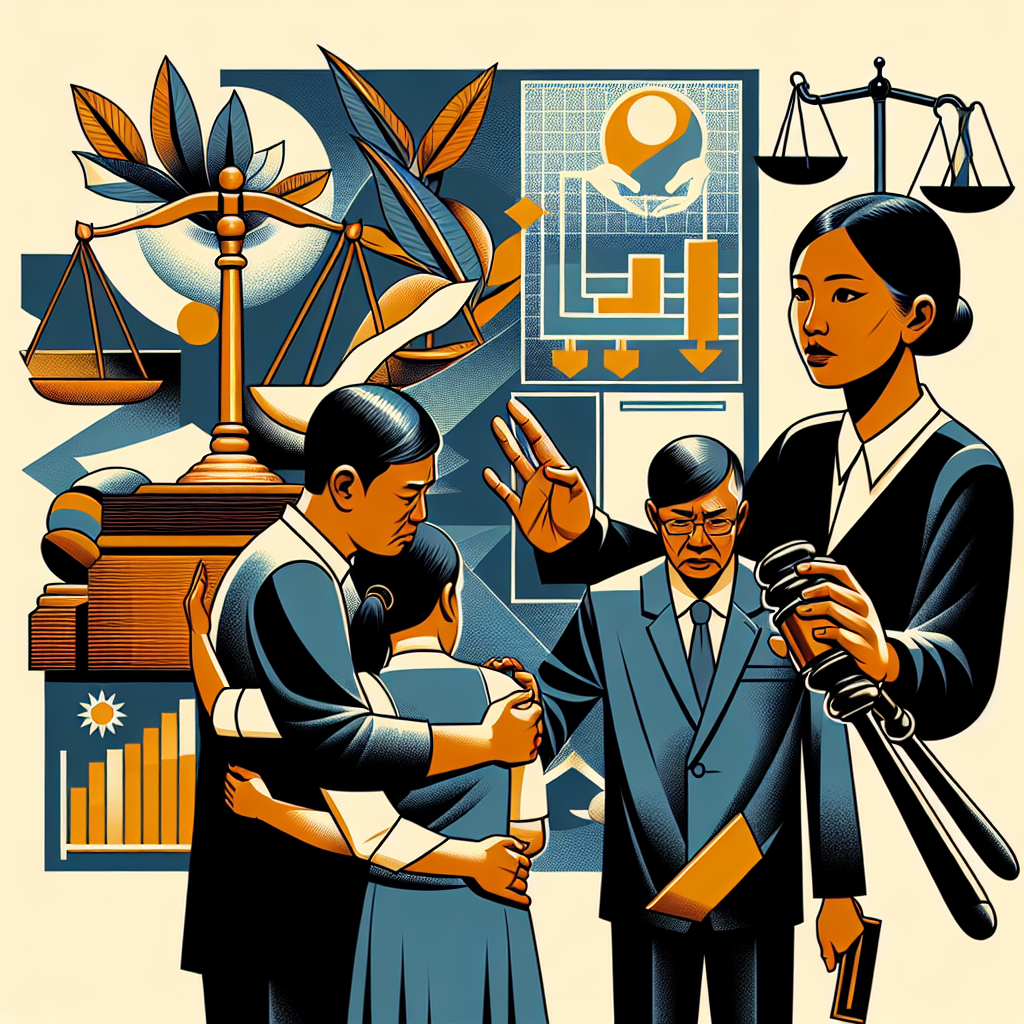 Here's a description for an image based on your requirements:
A stylized illustration depicts a Taiwanese family reunited, embracing in the foreground. Behind them, a judge's gavel and scales of justice symbolize the legal process. To the side, a lawyer figure gestures towards a flow chart showing steps for revoking parental rights suspension. Bold colors and clean lines create a dynamic, modern art style. The scene balances professional elements with emotional warmth, conveying hope and legal support.
