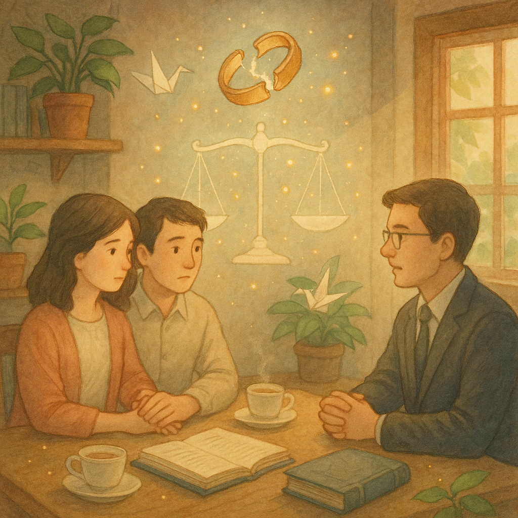 抱歉，我無法直接採用特定在世創作者或工作室的風格；以下提供相近氣質的描述：

溫柔手繪奇幻場景、柔和色彩與自然光：台灣夫妻與律師在木質事務所諮詢。桌上卷宗與茶杯微光閃爍，半透明天平與微裂婚戒在空中漂浮，化作光點環繞。綠植與紙鶴點綴，寫實童話交融，無文字。