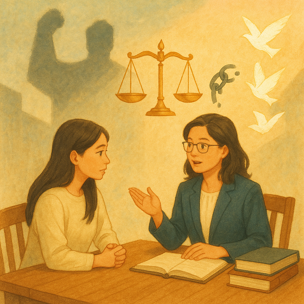 抱歉，我無法直接以特定工作室的風格創作；以下提供相近氛圍的描述：
自然柔光下，台灣女當事人與律師在木桌諮商，金色天平與破裂鎖鏈浮於空中；遠處高牆投下權勢巨影正消散，卷宗化為光鳥飛起，氛圍溫暖手繪質感、無文字。