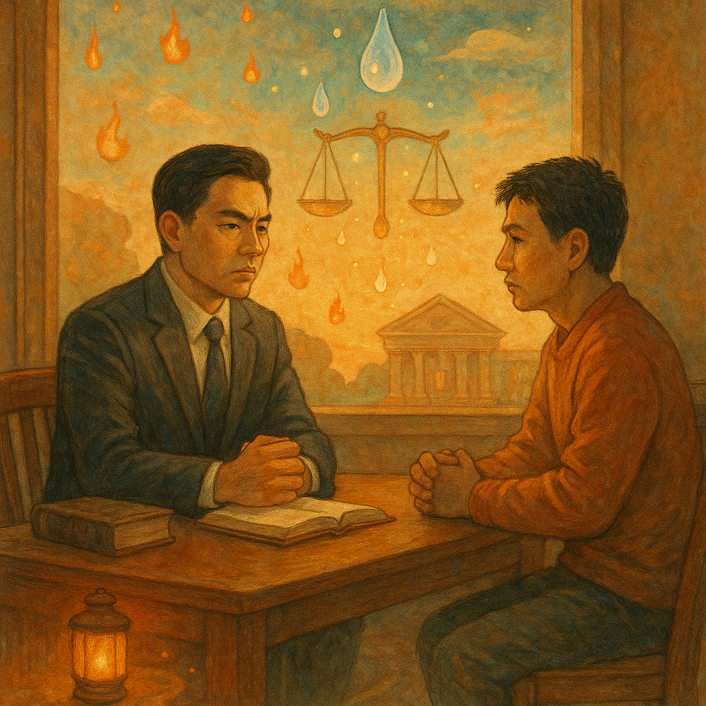 溫柔自然光下，台灣人律師與民眾在木質會談室對坐，表情堅定，細膩手繪奇幻暖色。窗外漂浮象徵縱火罪的微小火焰被水滴與天秤化為光點，地上燈籠延向法院輪廓，寓意結論與行動。