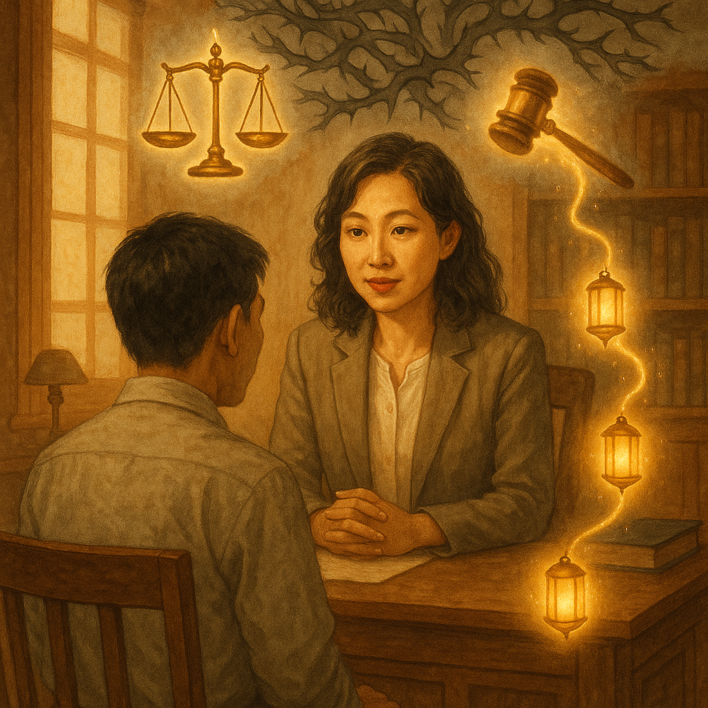 抱歉，我無法直接模仿特定工作室的風格；以下提供相近氛圍的描述：
溫暖自然光下，台灣律師在木質事務所溫柔諮詢；公然侮辱的言語雲化作灰色荊棘，法槌與天秤漂浮發光，引導一條燈籠小徑作行動指引；柔和細膩手繪質感，魔幻寫實，不含文字。