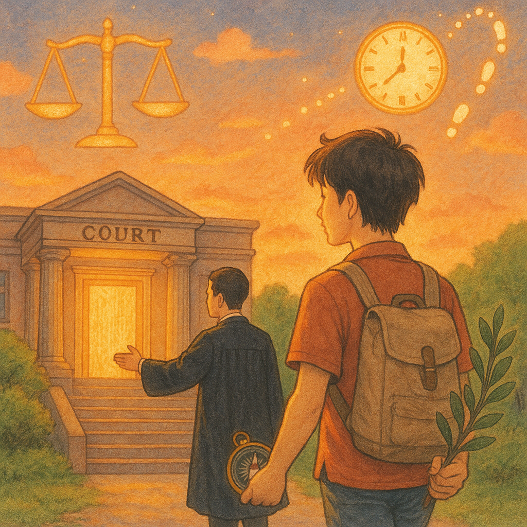 溫暖夕光中，台灣青年在律師引導下走向發光的法院大門，手握指南針與橄欖枝；天邊天秤、時鐘與足跡化作光點，象徵自首、結論與行動指引的抉擇。自然光影、手繪紋理、柔色吉卜力風，溫馨魔幻而沉靜。