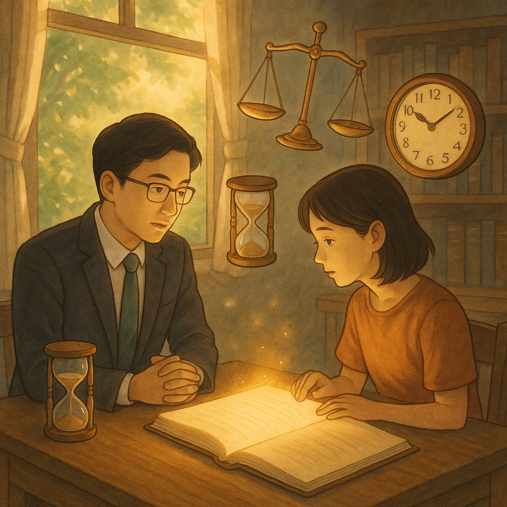 吉卜力風電影感溫柔光線下,窗外綠意與自然光灑入,台灣律師與當事人於木質書桌低語諮詢,發光的卷宗緩緩展開,天秤、沙漏與時鐘幻化漂浮,象徵再審與希望,手繪質感、無文字。