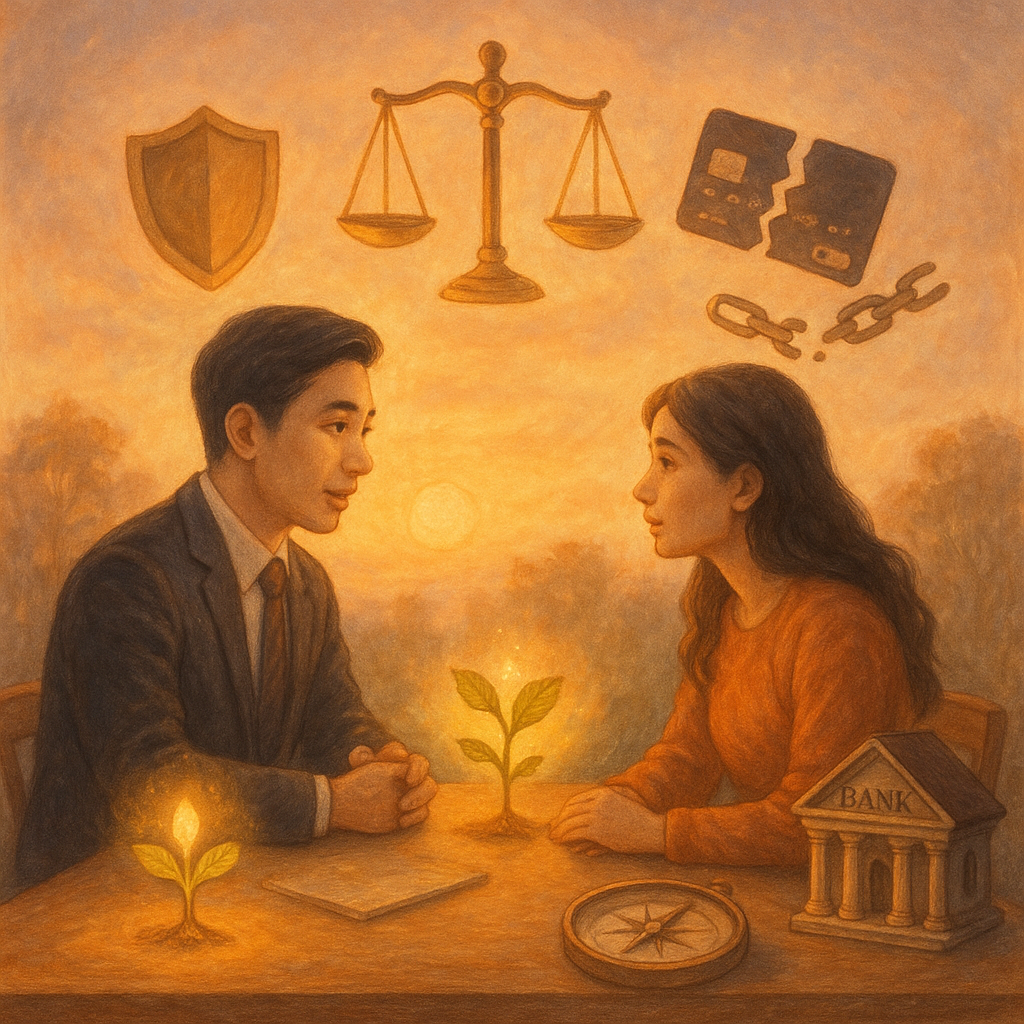 夕陽暖光中，台灣律師與當事人對坐木桌；天平、盾牌、破裂卡片與斷鏈漂浮，旁有發光樹苗、銀行小屋與羅盤，象徵信用損害與復原策略。手繪柔彩、細膩質感、溫馨奇幻、電影感、無文字。