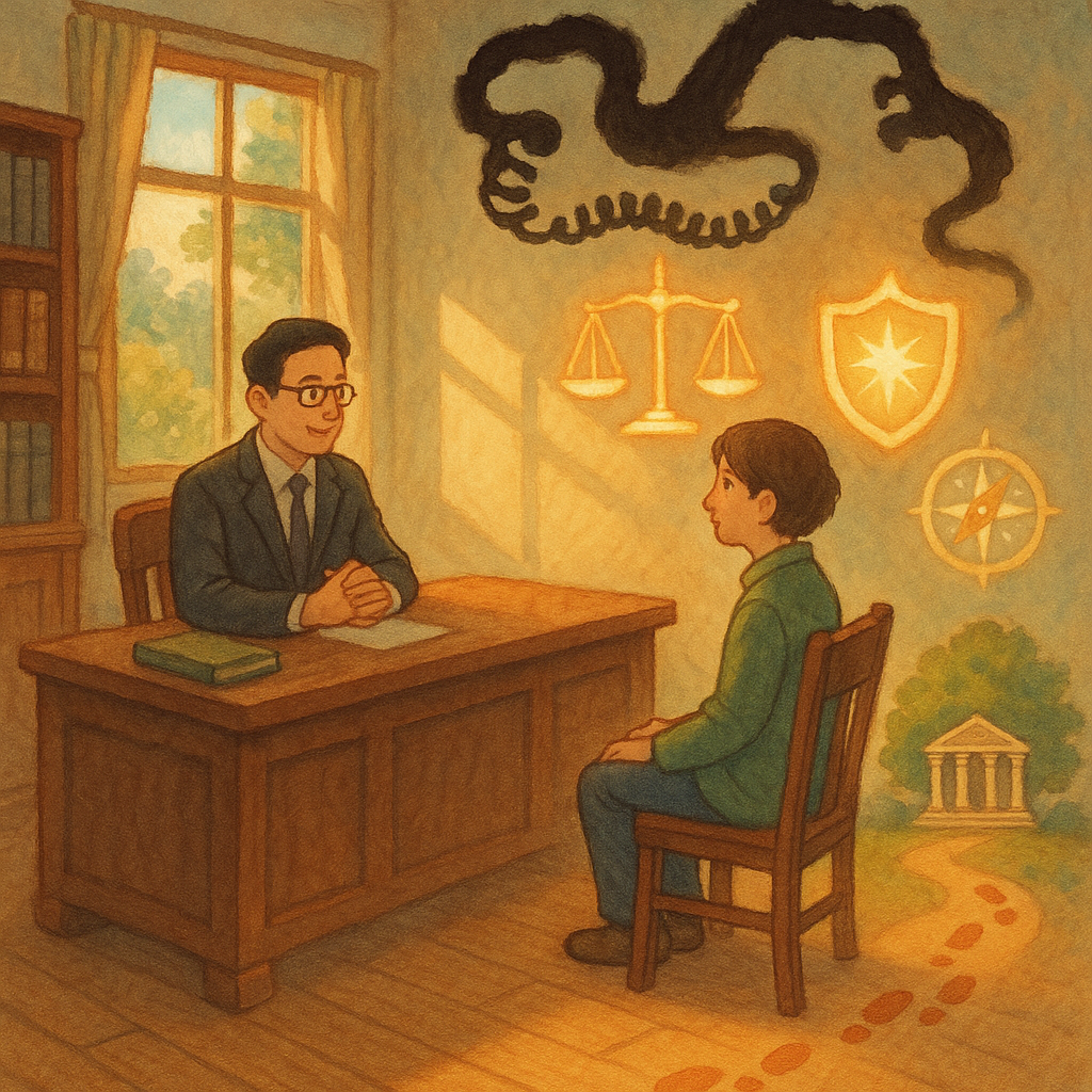 吉卜力風柔光場景中，台灣律師與民眾在木質事務所對談，窗外暖陽灑落；黑影化作蜿蜒電話線的恐嚇形象盤旋，被發光的天秤、盾牌與指南針圖像守護；地上暖色足跡通往樹形法院，手繪質感、無文字。