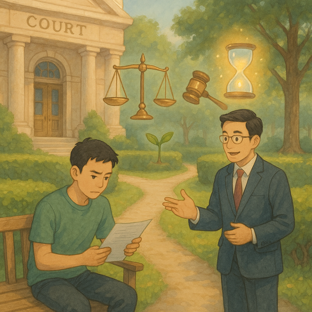 吉卜力風手繪場景:法院花園分岔小徑,一位台灣青年獨自面對文件,另一側與台灣律師諮詢,神情溫暖專業;天光溫柔、柔和配色,手繪質感細膩,天秤與木槌漂浮,萌芽象徵勒戒,發光沙漏寓意緩起訴,無文字。