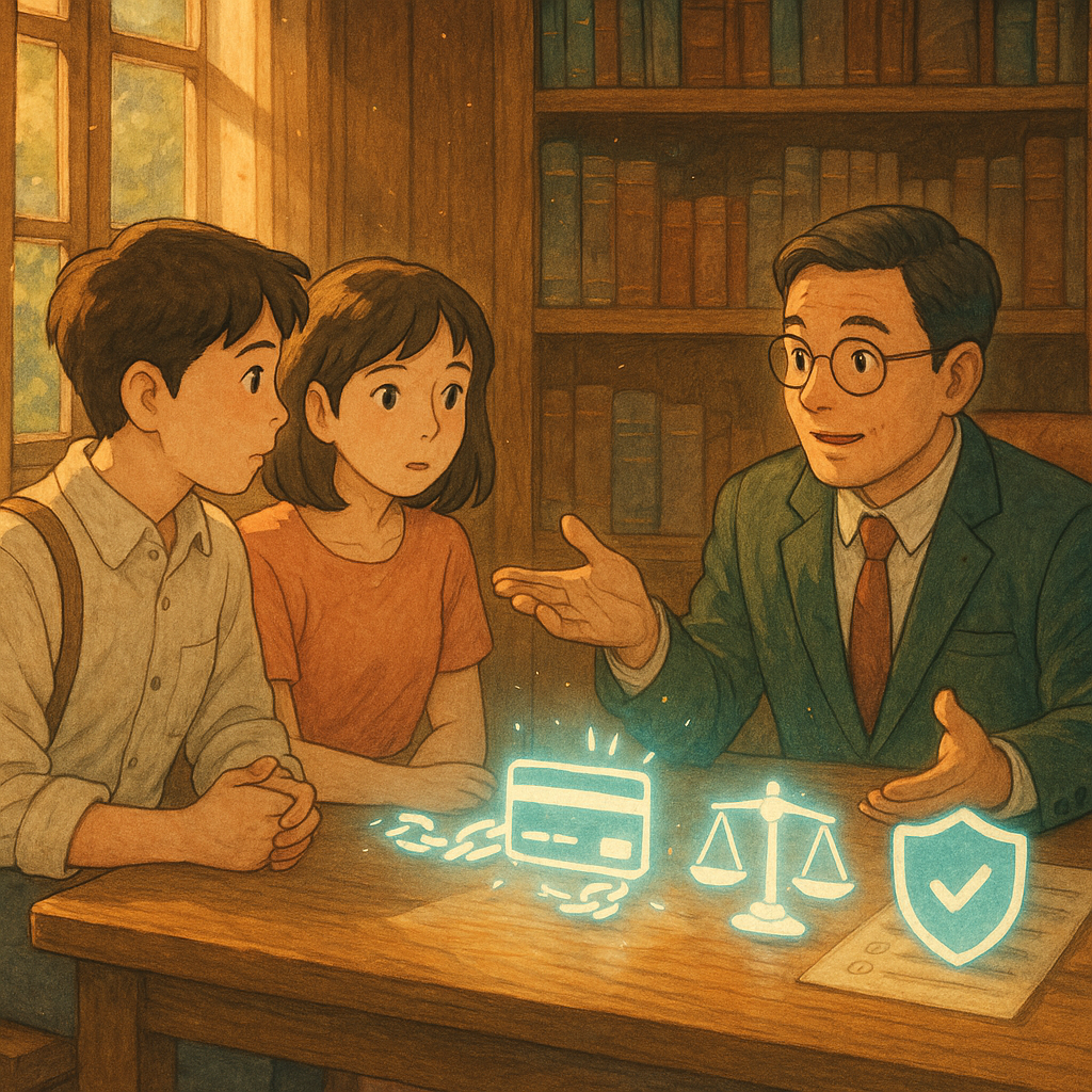 吉卜力風高解析插畫：黃昏柔光中，台灣年輕上班族男女向律師諮詢，桌上浮現發光銀行卡與鎖鏈、天秤與盾牌、行動指引清單圖示；木質空間溫暖、自然光灑落、微塵漂浮，手繪質感細膩，現實與魔幻平衡，畫面無文字。