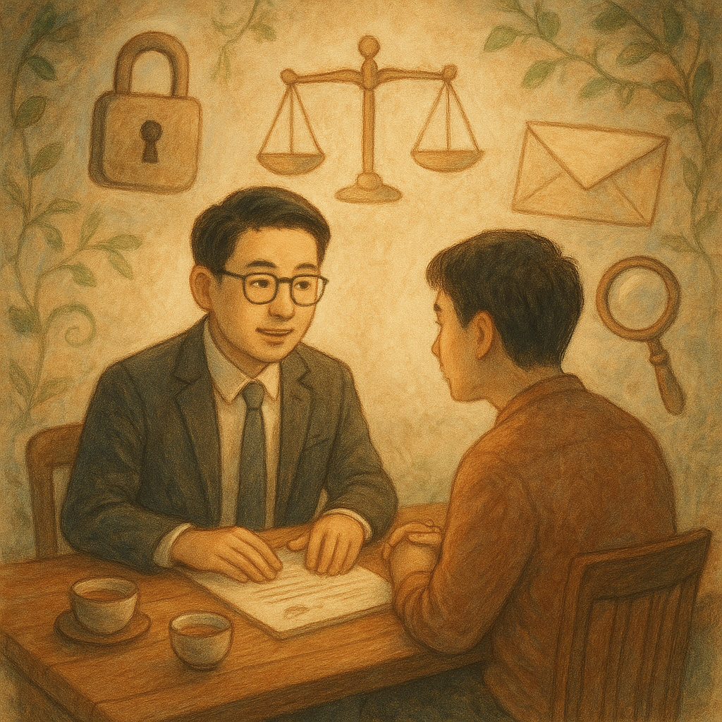 溫暖柔光、電影感構圖下，台灣人律師與民眾在木質茶桌專注諮詢；周圍漂浮鎖頭、天秤、信封與放大鏡等象徵，薄霧與藤蔓環繞，手繪質感與童話般氛圍暗示妨害秘密與常見問題的探討。