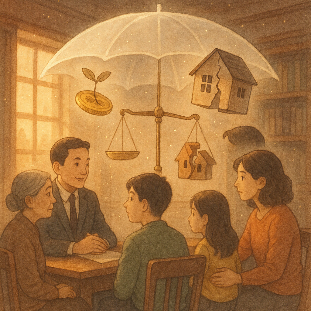 夕光灑入木質事務所，台灣律師與家族圍坐諮詢；桌上不平的天秤、分裂的家屋與金幣葉片漂浮，象徵遺產分配不均；半透明護傘籠罩眾人，寓意風險控制。柔霧色調、手繪質感與微光粒子營造溫暖奇幻、吉卜力般的電影感。