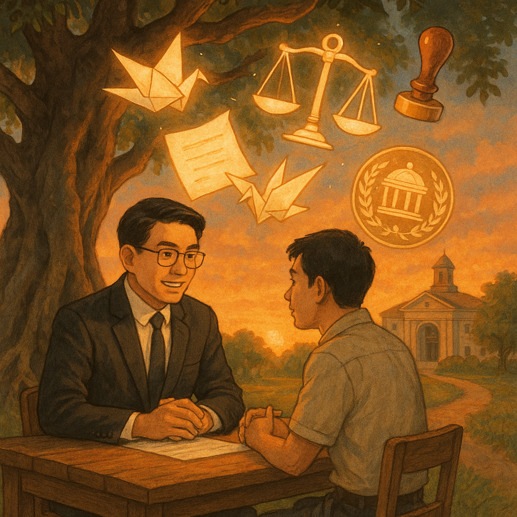 夕陽下的榕樹旁，一位台灣律師與民眾於木桌諮商，訴願卷宗化作發光紙鶴與天秤、印章、法院徽記在空中環繞，遠處小徑通往溫潤政府建築，柔和手繪質感、吉卜力式魔幻氛圍。