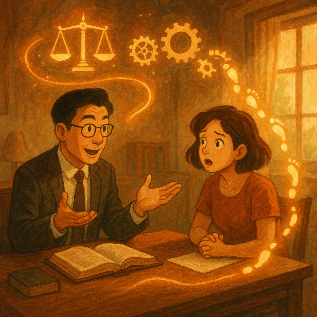 暖色手繪動畫氛圍下，微微魔幻，台灣律師與當事人表情豐富於木桌諮詢；天秤、齒輪與發光線索串連場景，化作因果鏈與行動足跡，窗外自然光灑入，具電影感，細膩質感、無文字。