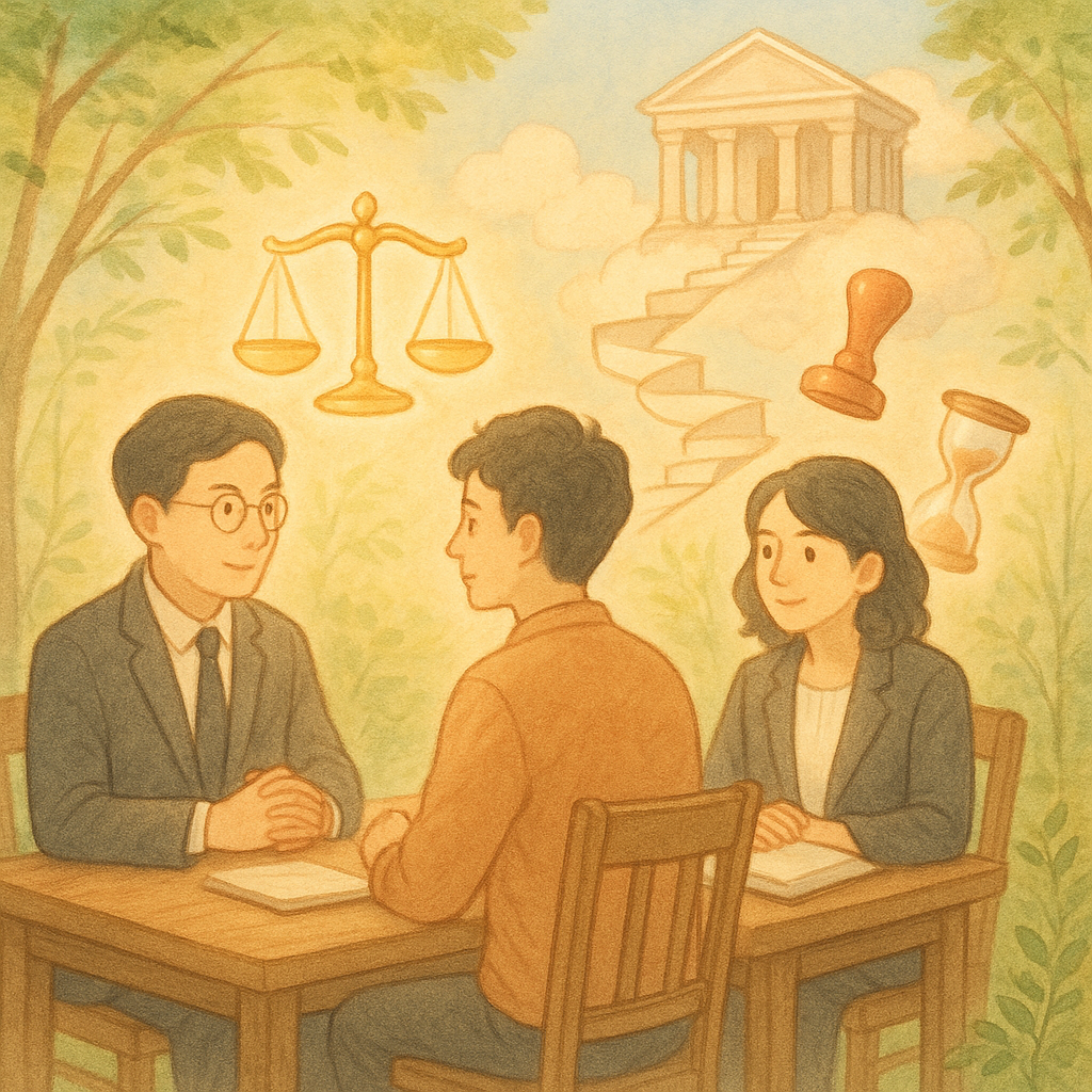 溫暖手繪日系奇幻風：兩位台灣人律師與當事人於木桌諮詢，柔和色彩與自然光灑落。發光天平、雲上法院與螺旋紙階象徵抗告流程；沙漏與印章漂浮，林間微風拂動，畫面無文字。