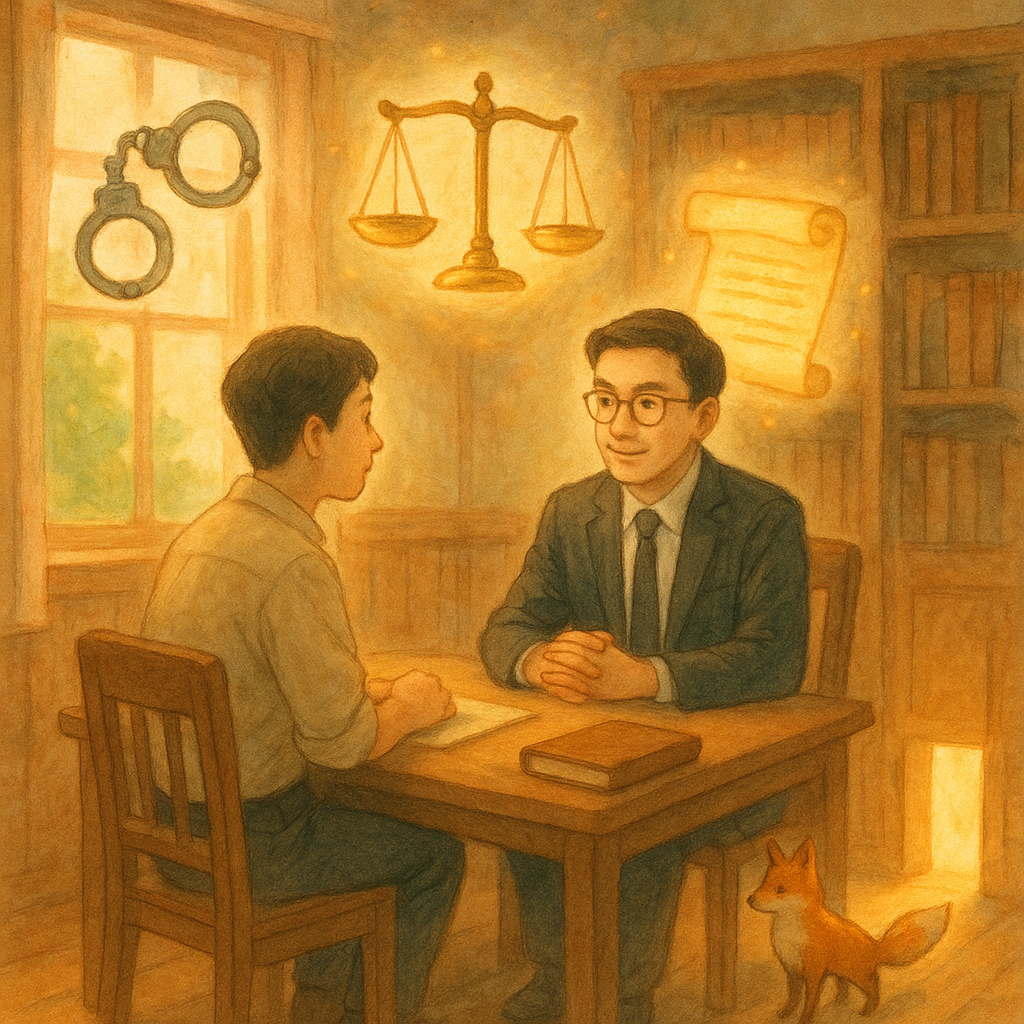溫暖木質事務所裡，台灣律師與民眾對坐諮商，窗外灑入柔光。空中漂浮手銬、天秤與發光卷軸象徵拘提流程，桌上合起的卷宗指向結論；腳邊小狐狸引路通往亮門。手繪質感、柔色光影，吉卜力式奇幻。