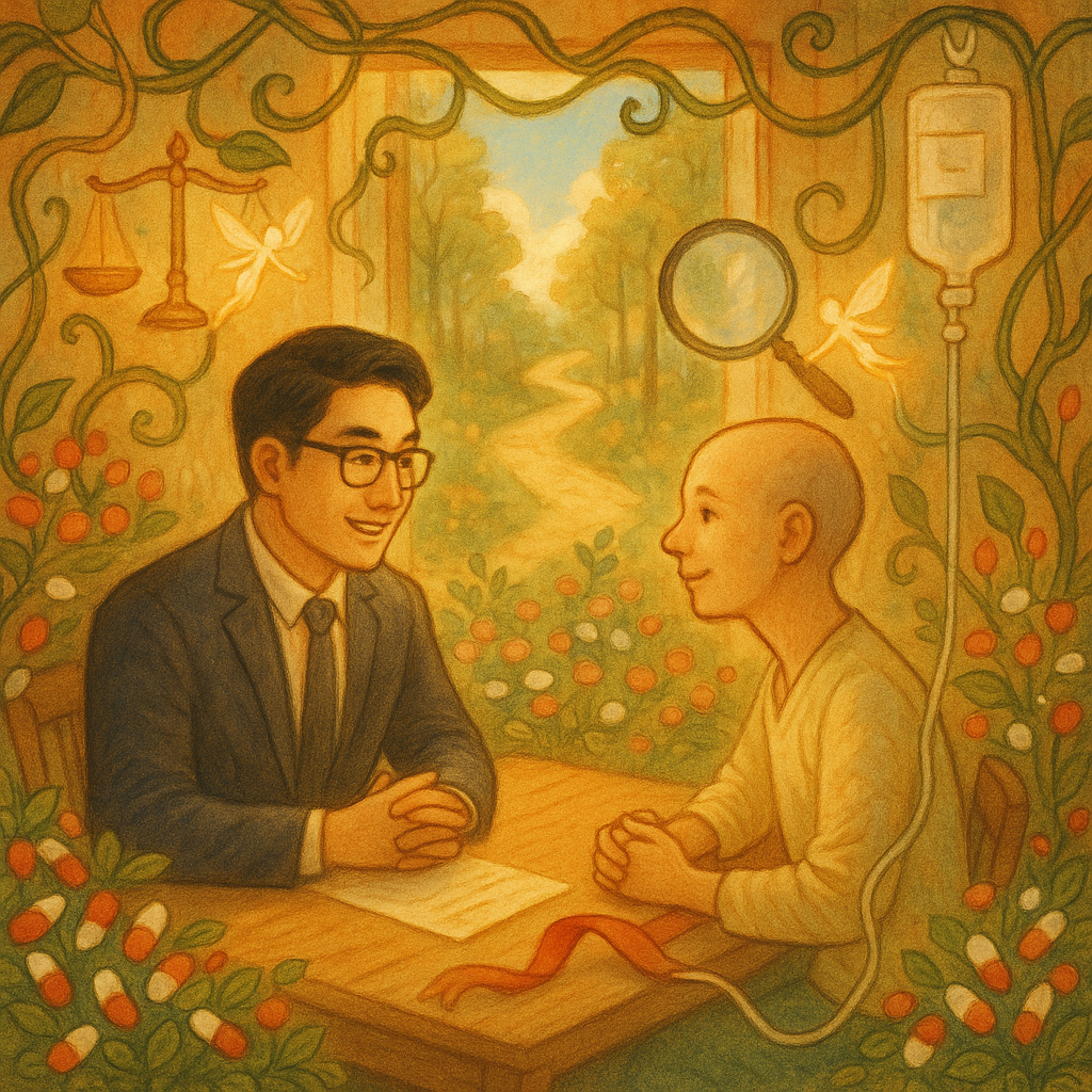 溫暖奇幻電影感手繪場景：台灣人律師與病患在木質桌旁對坐，柔光灑入，柔和色調。周圍輸液管像蔓藤過度蔓延，藥丸花叢環繞；天平與放大鏡化作光影精靈指路，剪刀輕剪多餘處方緞帶，通往林間小徑與藍天（無文字）。