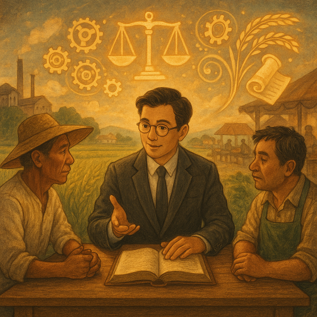 吉卜力風高解析插畫:柔光下,台灣律師在茶色木桌向農民與店家諮詢;背後稻田、工廠與市集交融,秤盤與齒輪、稻穗與法卷化作漂浮光影,手繪質感溫暖魔幻,象徵妨害農工商罪之判斷與行動建議。