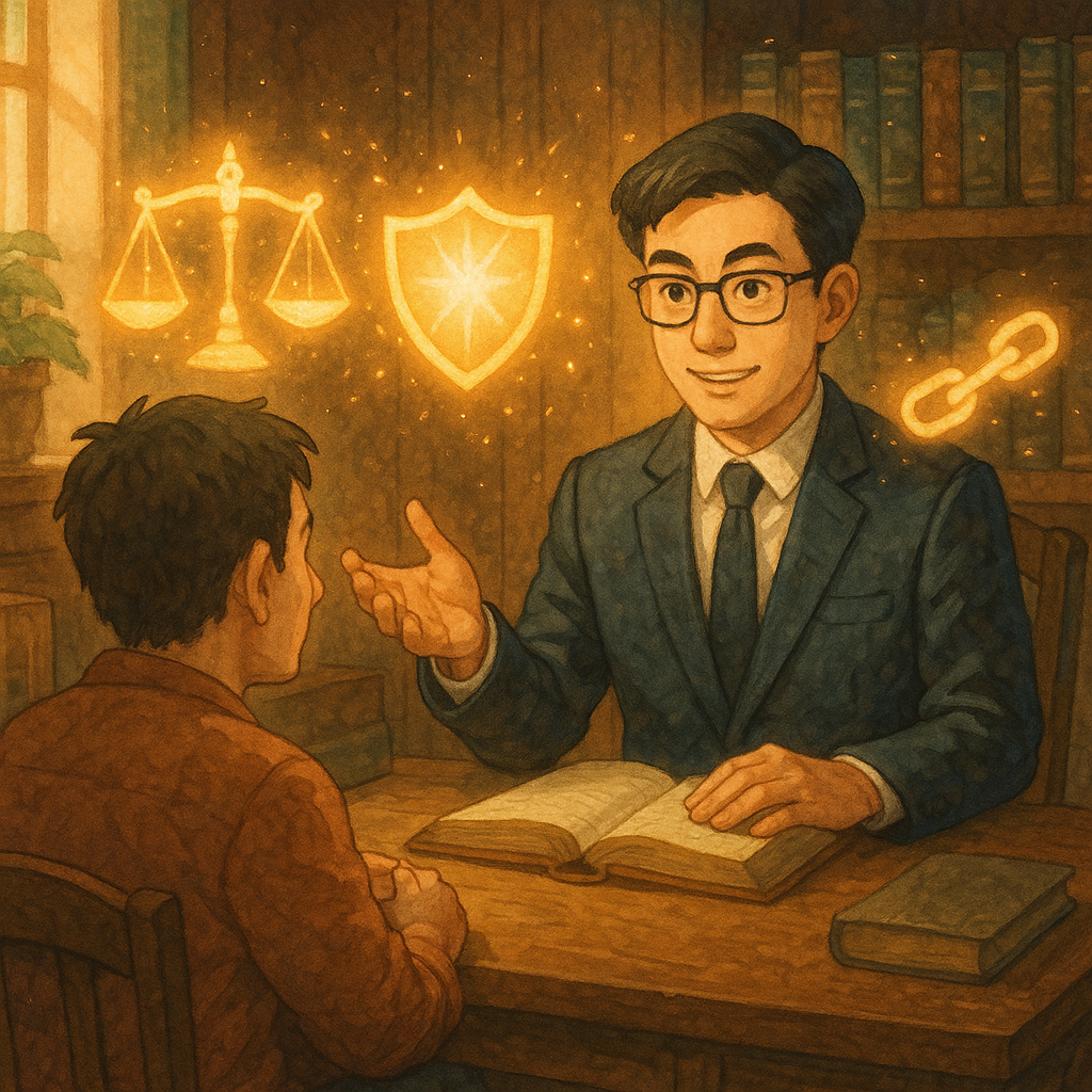 抱歉,我無法直接使用特定工作室的風格;以下提供相近氣質的通用奇幻動畫風圖片描述:
柔光手繪風,高解析度。台灣律師與民眾在木質事務所諮詢,天秤、盾牌與鎖鏈化作光粒漂浮,象徵強制罪與權益保障,氛圍溫暖魔幻、細節豐富,畫面無文字。
