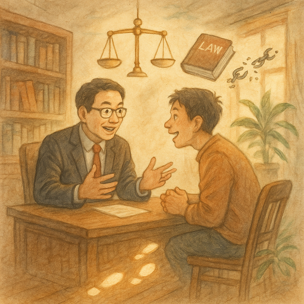 溫暖自然光下，台灣律師與民眾在木質事務所表情豐富地對談，手繪質感、柔和色調。天花漂浮天秤、法典與破碎鎖鏈象徵強制罪解套，地面發光足跡指向行動路徑，微風拂動盆栽，奇幻而寫實，無任何文字。