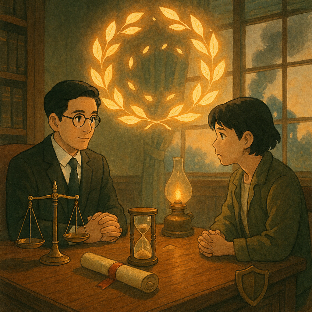 吉卜力風暖場景：台灣律師與當事人在木桌前諮詢，柔光灑入。桌上天秤、沙漏與卷軸、小盾環繞，十枚發光葉片環成光圈象徵量刑基準與抗辯策略；玻璃燈內微火與遠處焦黑屋影寓意縱火爭議。手繪質感、無文字、魔幻寫實。