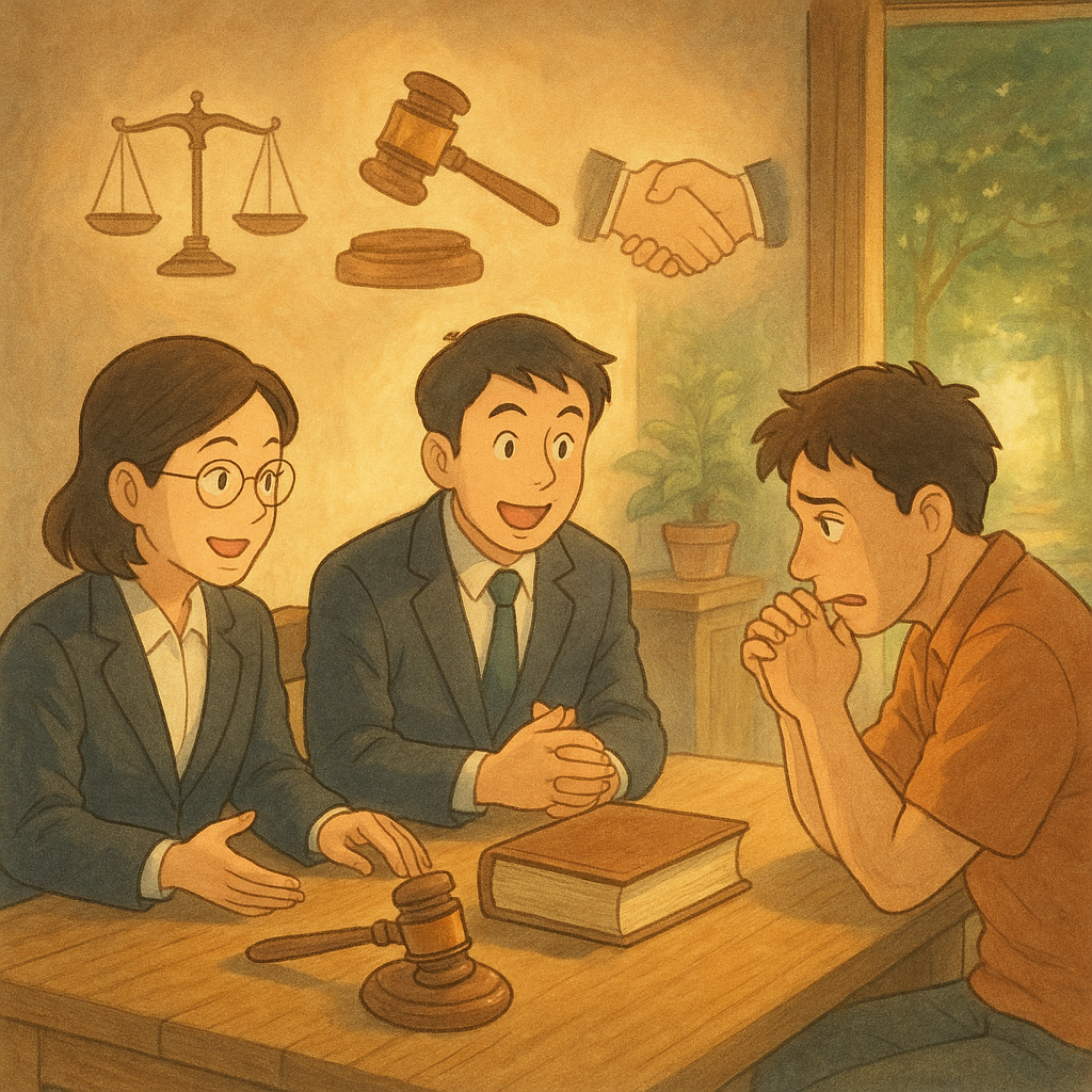 溫暖、柔和色調的吉卜力風手繪場景：兩位表情豐富的台灣律師與當事人於木桌諮詢，自然柔光灑入。空中浮現天平、法槌、法典與交握手影，象徵幫助犯與抉擇。遠處林道通向光亮，暗示結論與行動呼籲。畫面無文字。