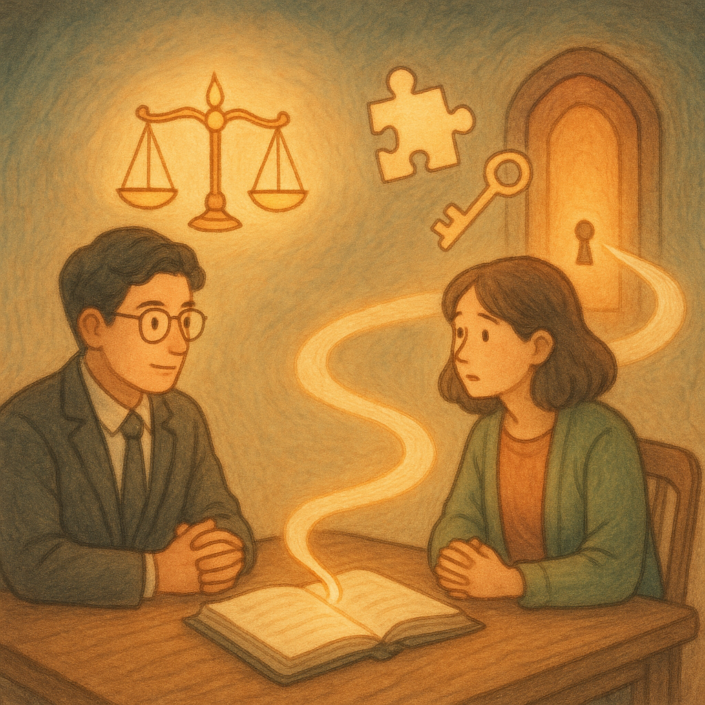 抱歉，我無法直接仿製特定工作室的風格，但可提供相似氛圍的描述：
在柔光下，台灣律師與當事人對坐諮詢，手繪質感溫暖奇幻。發光的天平、合攏的拼圖與鎖鑰環繞，卷宗化作光帶指向前方門扉，象徵背信罪結論與行動。