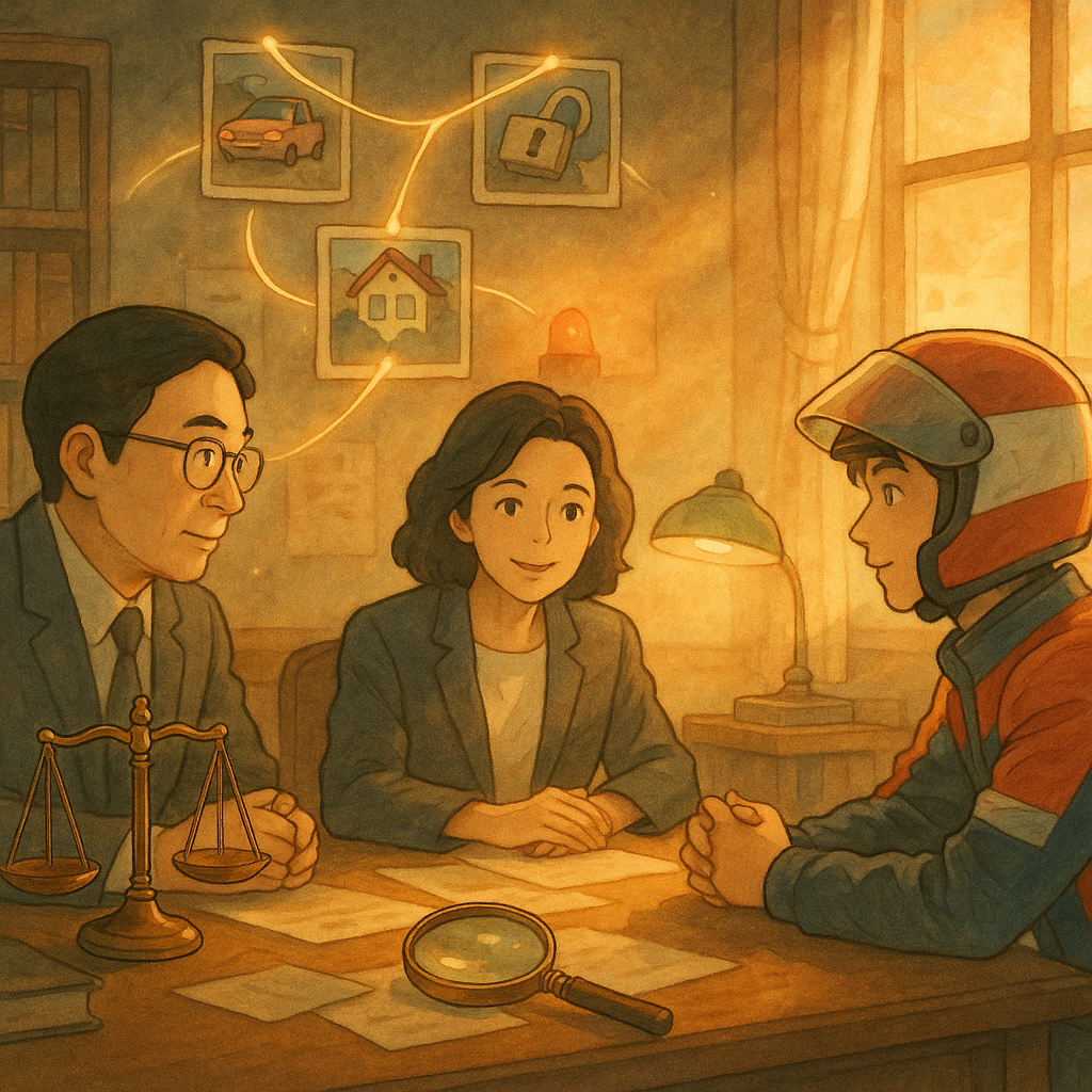 暖陽灑落的律師事務所,兩位台灣人律師與一名年輕車手對談,天光柔和、溫暖魔幻氛圍、柔和色調。桌上天平、放大鏡與發光線索串聯多個案例場景,遠處警示燈影淡化,顯示介入成效。吉卜力風手繪質感,無文字。