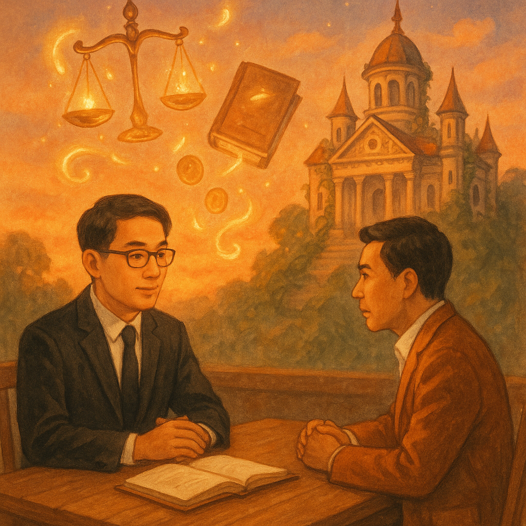 暖色夕光下，台灣律師與企業代表在木桌旁諮詢，表情專注溫和；天上漂浮天平、卷宗與散落硬幣化作發光精靈，暗示侵吞調查；遠處藤蔓環繞的法院如童話城堡，手繪質感柔和，現實與奇幻平衡，激發行動決心。