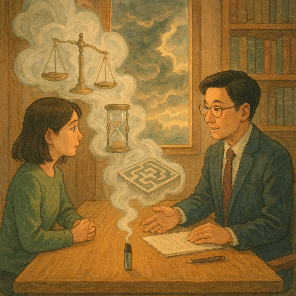 吉卜力風高解析插畫，柔和色調與自然光、手繪質感。台灣律師與當事人在木質事務所諮詢，桌上依托咪酯煙彈吐霧化作天秤、沙漏與迷宮，窗外雲影如風暴，溫暖而魔幻；畫面無文字。