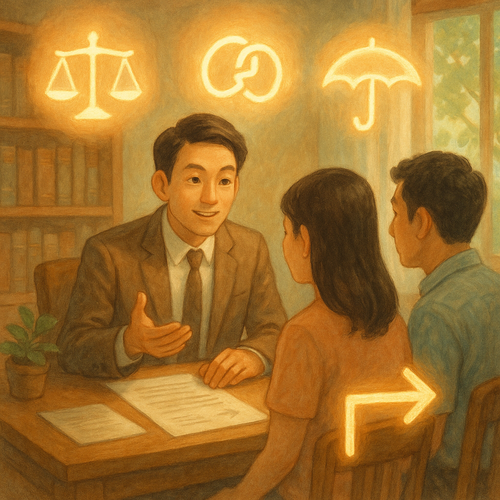 以柔色調與自然光，台灣律師表情細膩，在溫暖木質事務所向一對台灣夫妻溝通。天花板漂浮發光天秤、修補的婚戒與保護傘圖像，窗外樹影輕蕩。桌上文件與路標般光帶指引行動，寓意結論與建議吉卜力手繪質感，溫暖奇幻。