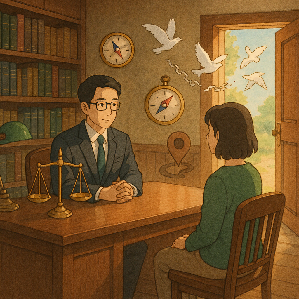 吉卜力風手繪場景：台灣律師與當事人於溫暖木質事務所對坐，柔光灑落。桌旁天秤、指南針與路徑圖示漂浮，破碎鎖鏈化作白鳥飛向敞開的門，象徵妨害自由的解困與行動建議。畫面無文字。