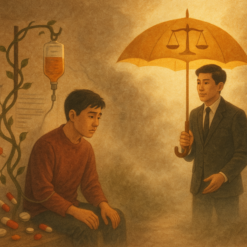溫暖魔幻感的高解析手繪插畫：左側台灣病患獨自面對化為藤蔓的點滴與傾瀉藥丸，檢查單成陰影；右側台灣律師在柔暖自然光下撐起金色天秤傘，引導走出過度醫療迷霧。柔和色調、紙質紋理，畫面無文字，電影感氛圍。