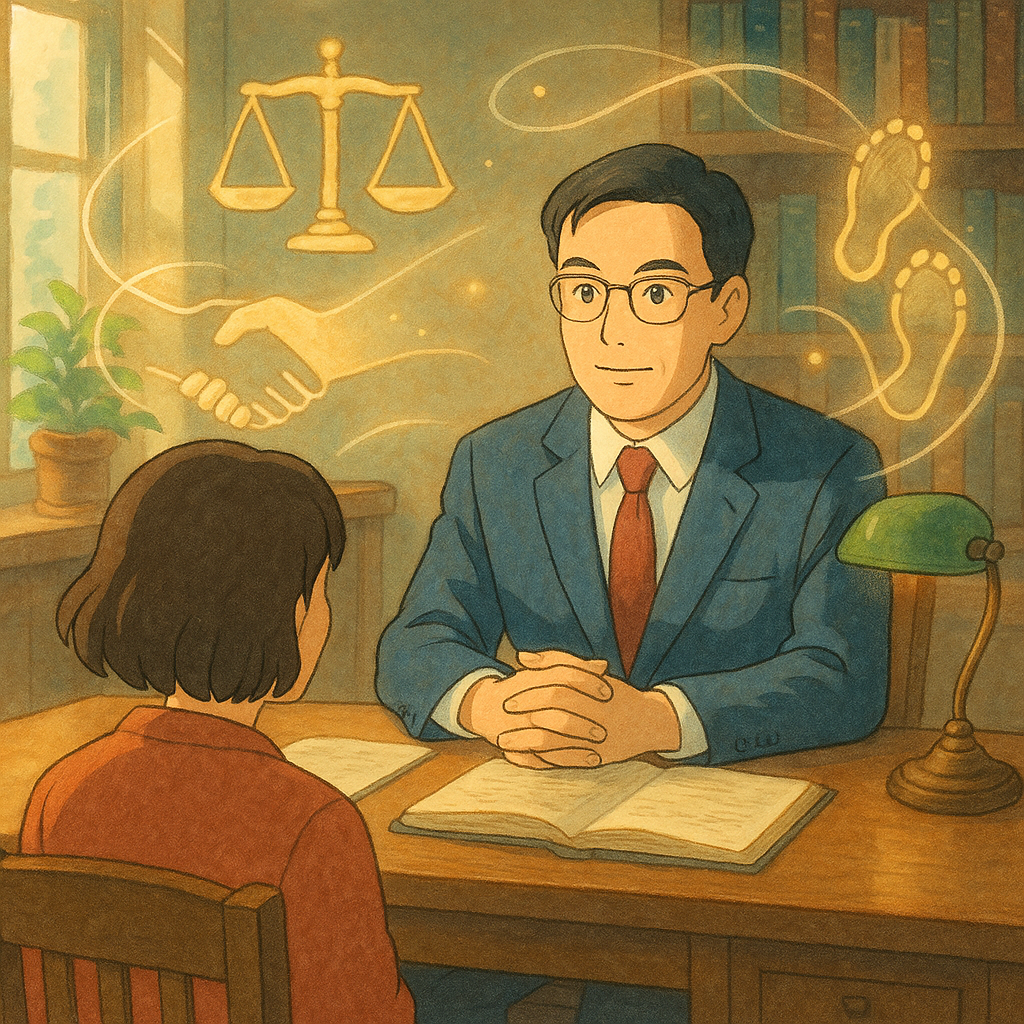吉卜力風格的溫暖事務所裡，台灣律師與當事人對坐諮詢，表情專業而溫和，自然光灑落。四周漂浮手繪天平、握手剪影、交織足跡與發光絲線，象徵幫助犯的關聯與責任；柔和色彩與手繪質感營造魔幻、沉浸的法律常見問題氛圍。