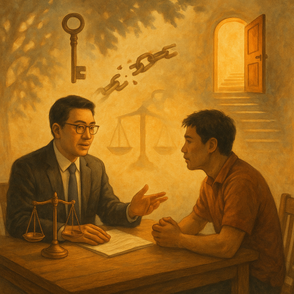 抱歉，我不能直接模仿特定工作室的風格；以下提供相近氣質的圖像描述：

柔和色彩與自然暖光下，台灣律師與民眾在木桌諮詢；天平樹蔭投影。空中漂浮鑰匙、斷裂鎖鏈與開啟之門象徵妨害自由的解方；階梯化光徑指引行動建議；高解析度手繪質感、魔幻寫實、電影感、畫面無文字。