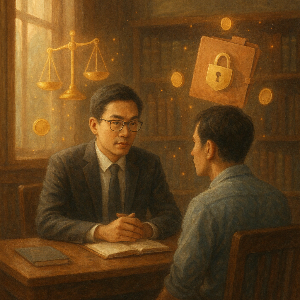 柔光手繪的奇幻電影感場景中，一位台灣律師與企業員工在木質事務所對談、表情專注；漂浮的天平、上鎖公文夾與金幣化作光粒環繞，象徵業務侵占與法律諮詢；自然光暖意、細膩筆觸、無文字。