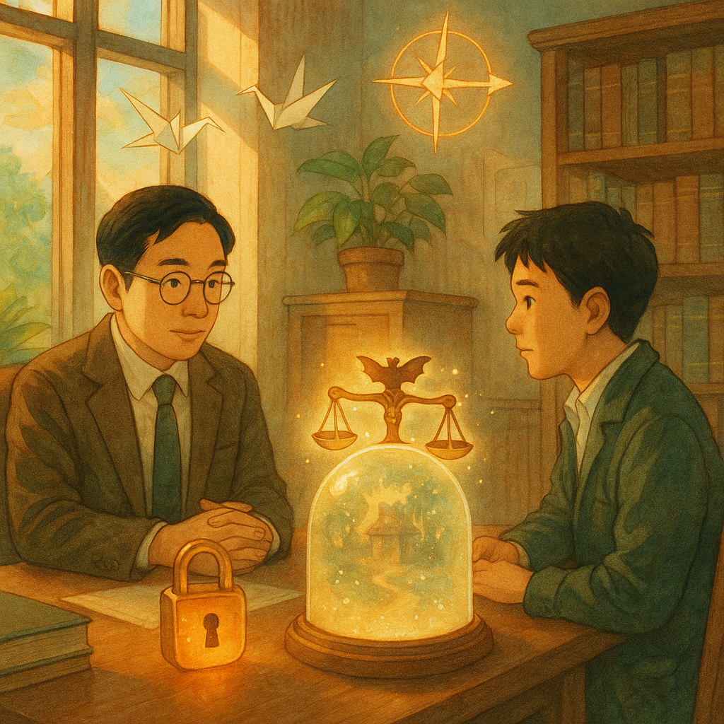 柔和晨光下，吉卜力風木質事務所內，台灣人律師與當事人沉穩對談。桌上發光的鎖與天平化作守護精靈，將朦朧碎片影像封入光罩。窗外紙鶴與指引羅盤飄浮，象徵行動建議的路徑與希望，無文字。