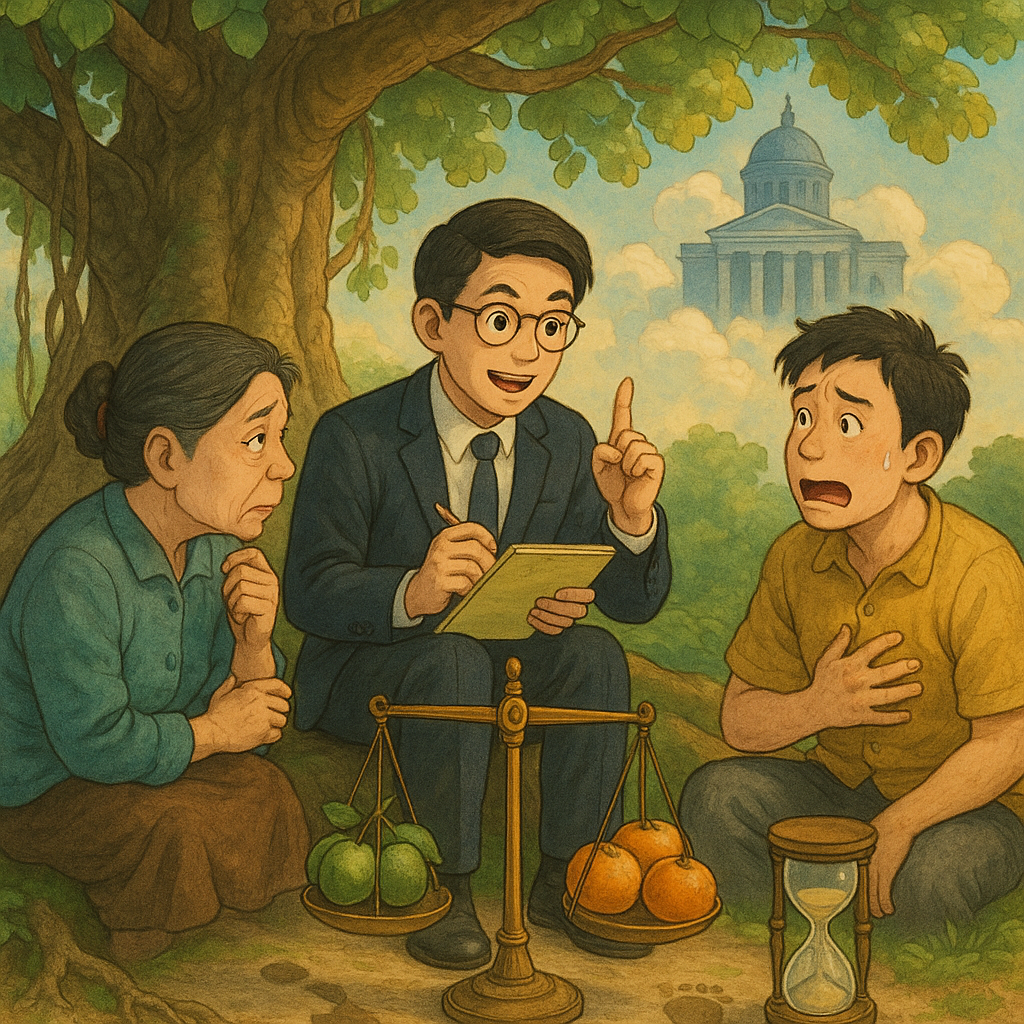 吉卜力式高解析插畫：台灣律師與民眾在榕樹下諮詢、表情豐富，天光柔和。天平一側是未成熟的果實、另一側是成熟果實，旁有停住的沙漏與止步的腳印，象徵未遂犯；雲間浮現法院剪影，手繪質感溫暖奇幻，無文字。