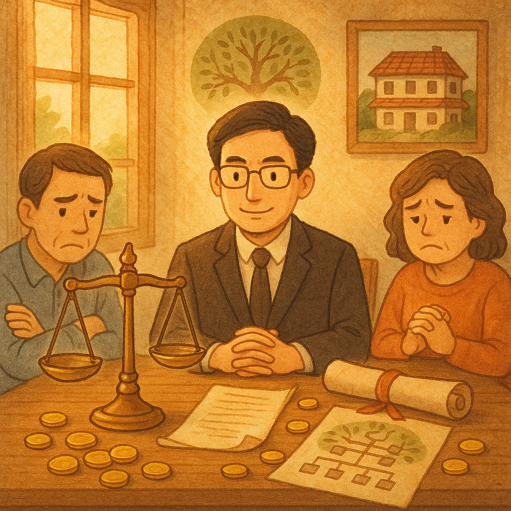 溫暖奇幻的日系手繪風高解析插畫：台灣人律師在木桌前溫和調解家族，天光灑落；失衡天秤、祖屋與遺囑卷軸、散落錢幣與家譜樹環繞，象徵遺產分配不均與行動指引；畫面不含文字。
