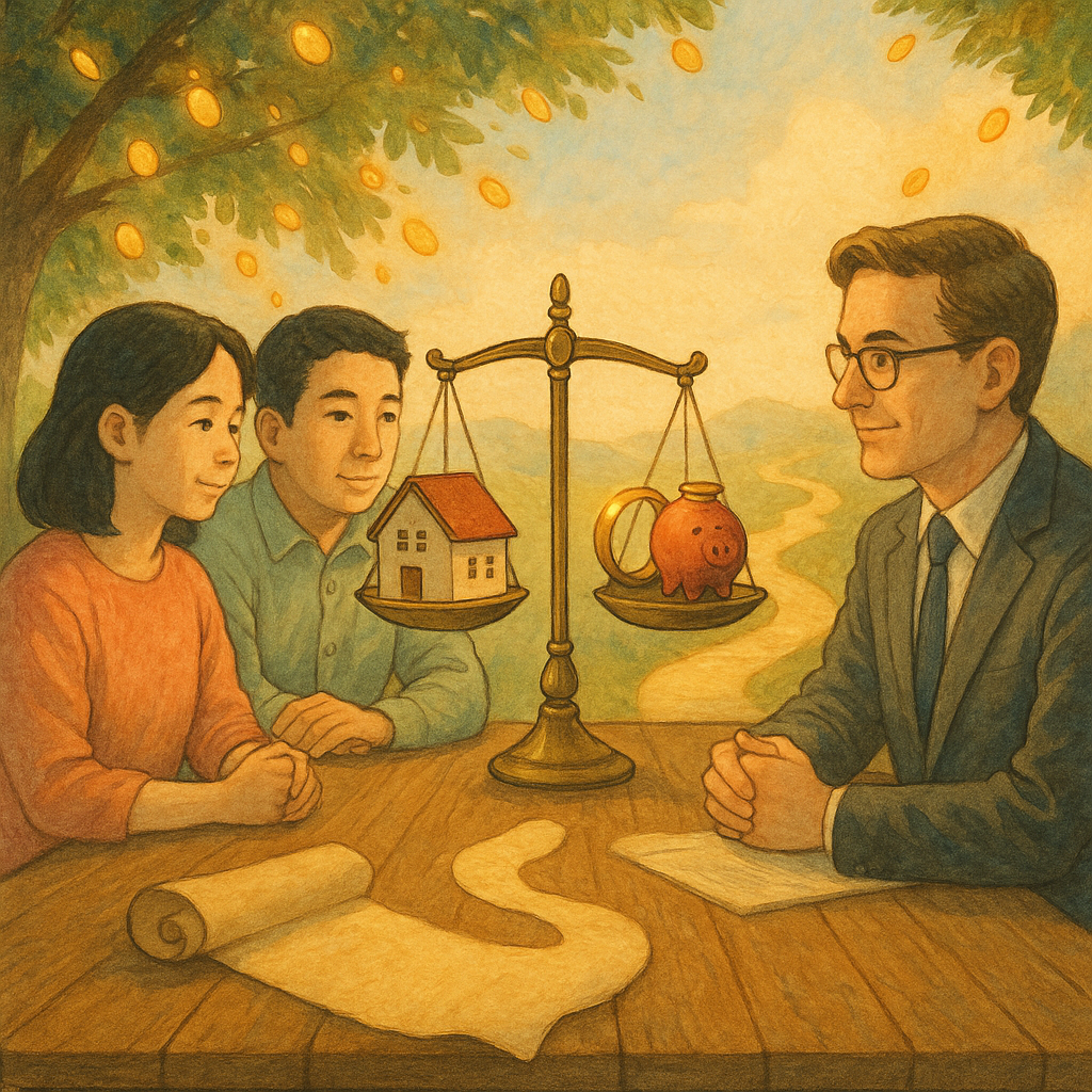 溫柔晨光下，台灣夫妻與專業律師圍坐木桌，天秤上平衡房屋、戒指與存錢罐；樹葉化作金幣光點漂浮，卷軸化為小徑引向遠方，吉卜力手繪質感、魔幻又寫實，畫面不含文字。